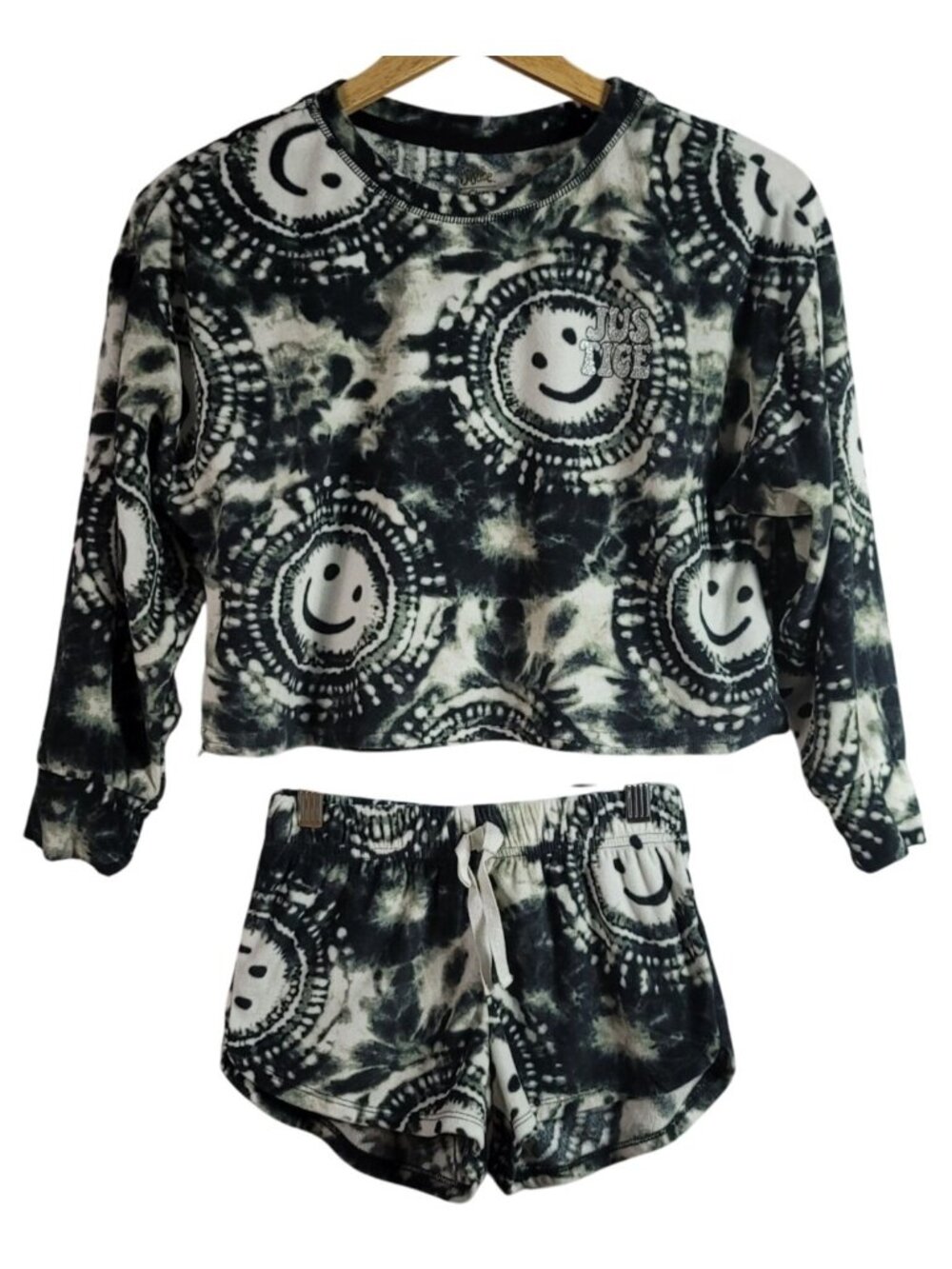 Justice Girls Pajama Set Black Small Long Sleeve Pull On Shorts Tie Dye Smiley